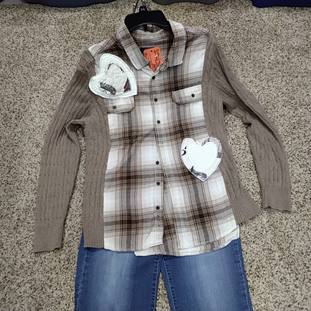 3857 Size XL Upcycled Plaid Button Down Shirt with Cable Knit Sleeves - Picture 1 of 5